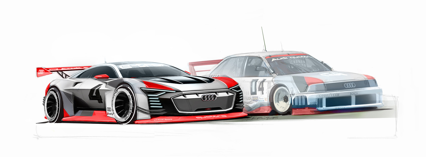 Skici „Audi Vision Gran Turismo“ vedle kultovního modelu Audi 90 IMSA GTO závodící v roce 1989 v severoamerickém seriálu IMSA.
